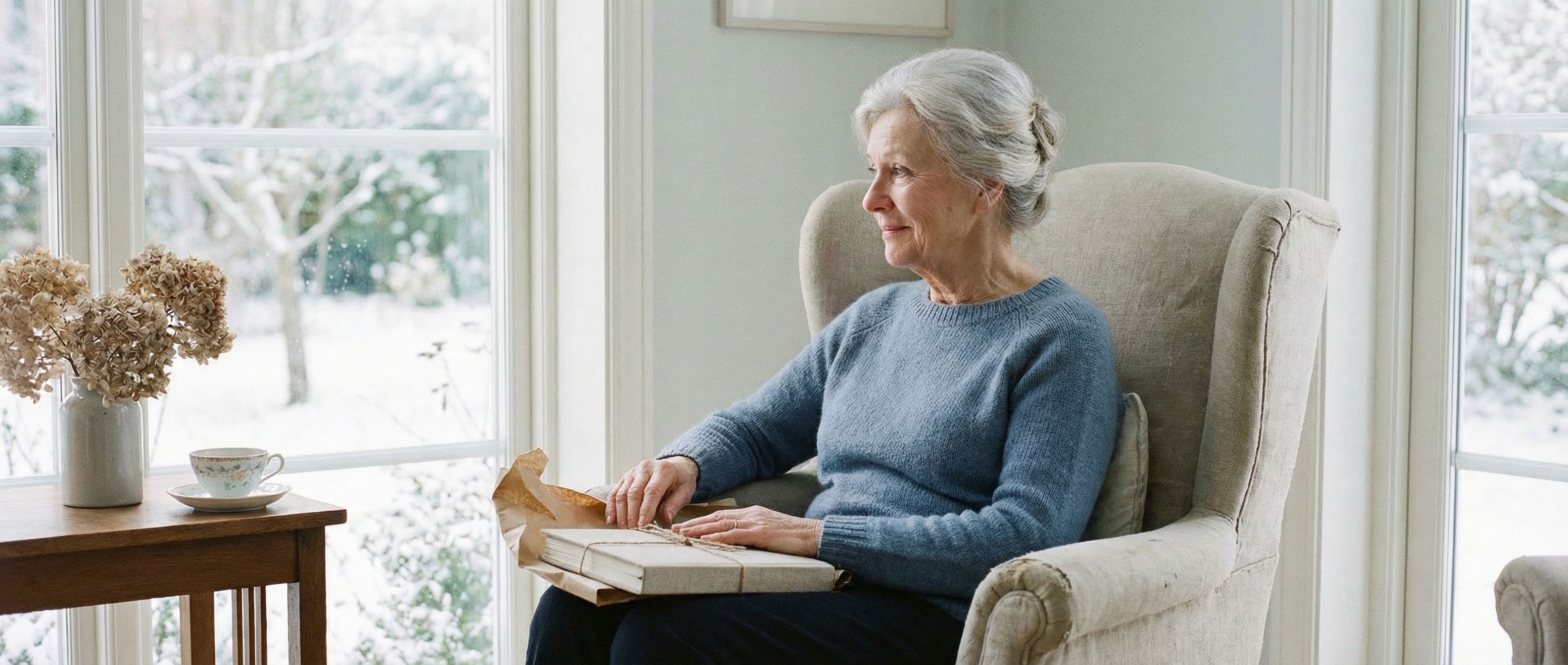 Äldre kvinna i blå tröja sitter i en fåtölj vid ett fönster med snöigt landskap och en inslagen present i knät