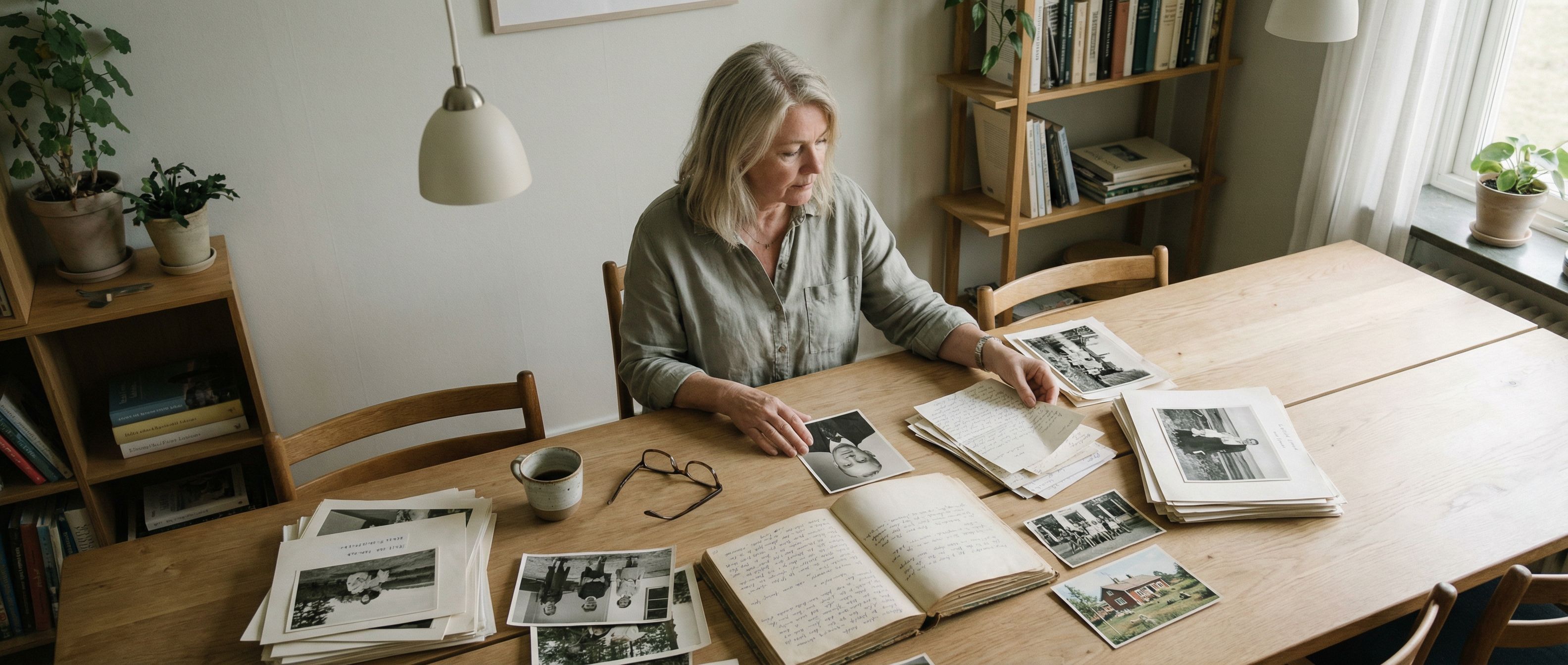 Kvinna sorterar svartvita familjefotografier vid ett köksbord i ett svenskt hem