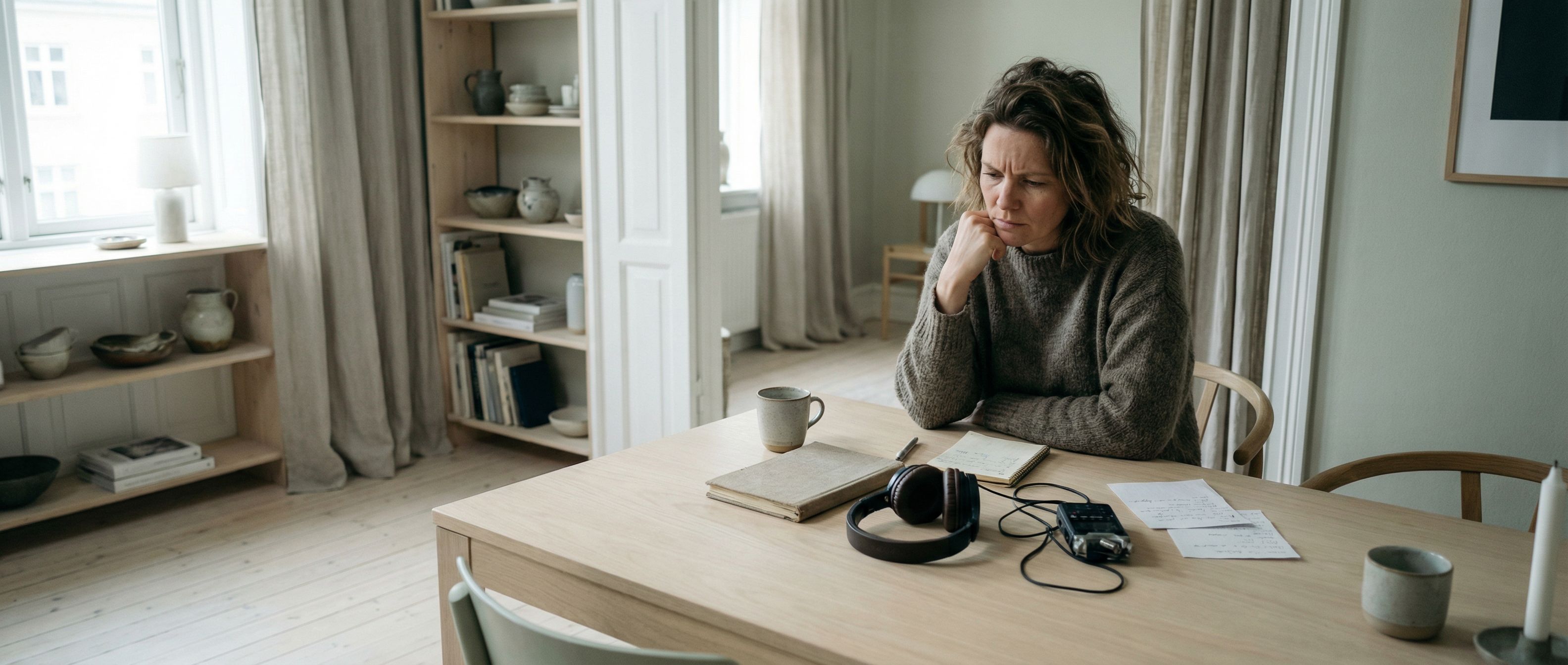 Kvinna sitter eftertänksamt vid ett bord med hörlurar och anteckningsbok i ett skandinaviskt hem
