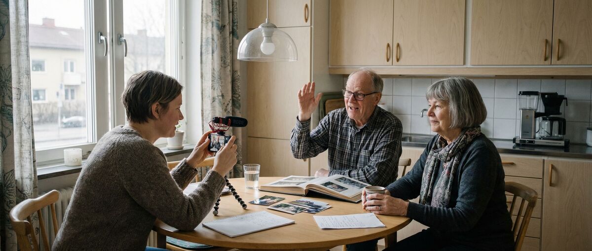 Ung kvinna spelar in ett samtal med sina äldre föräldrar vid köksbordet