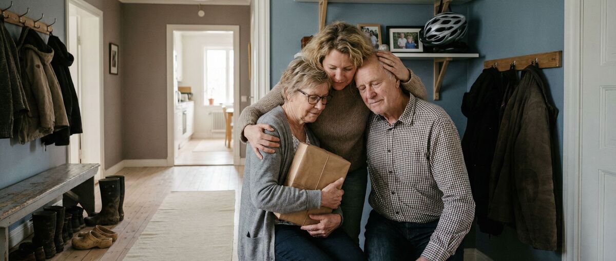 Dotter kramar sina föräldrar i hallen med en inslagen present i handen