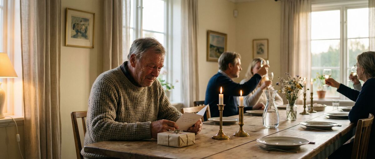 Man läser ett handskrivet kort vid ett festdukat middagsbord med levande ljus och familj i bakgrunden