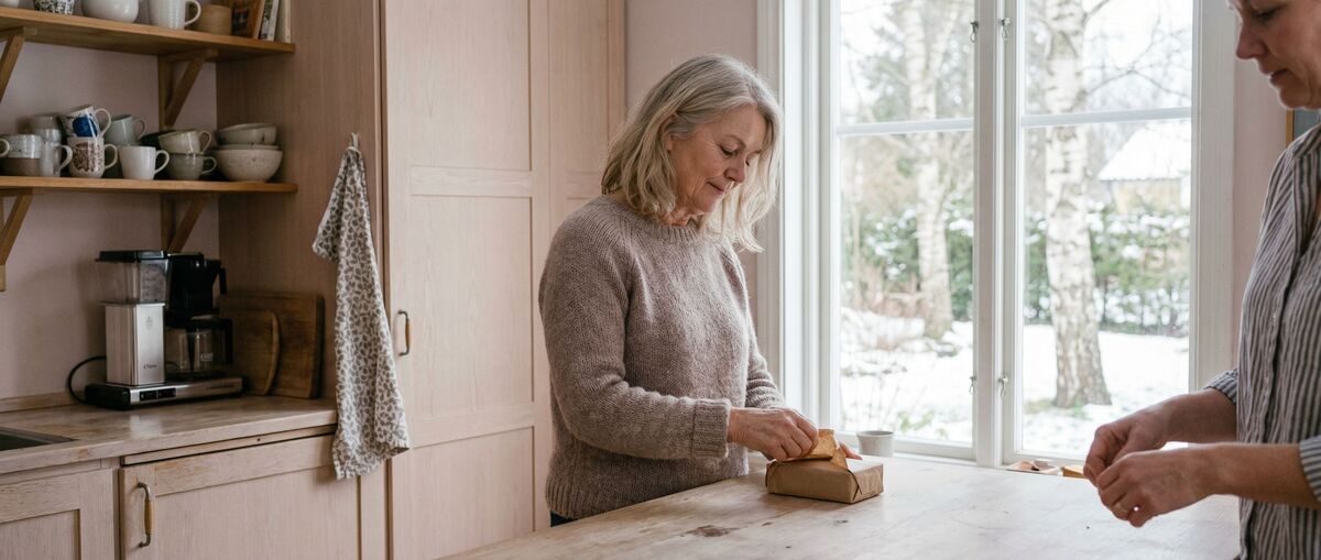 Mamma öppnar en inslagen present vid köksbänken medan dottern tittar på