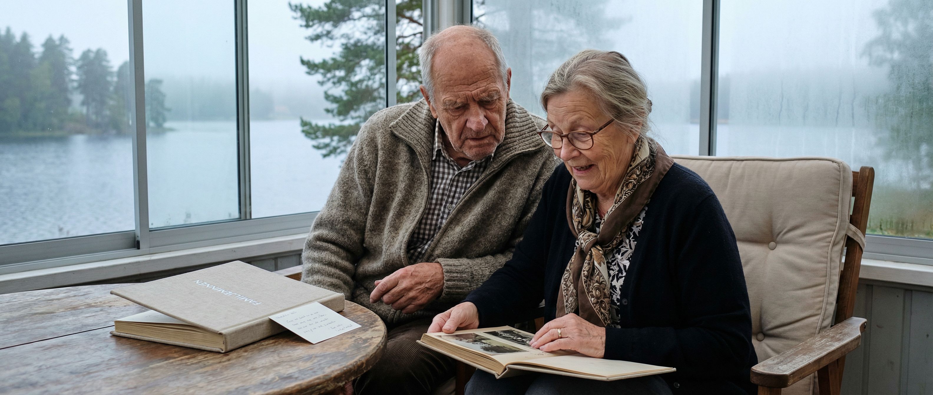 Äldre par tittar tillsammans i ett fotoalbum vid ett fönster med utsikt över en dimmig sjö