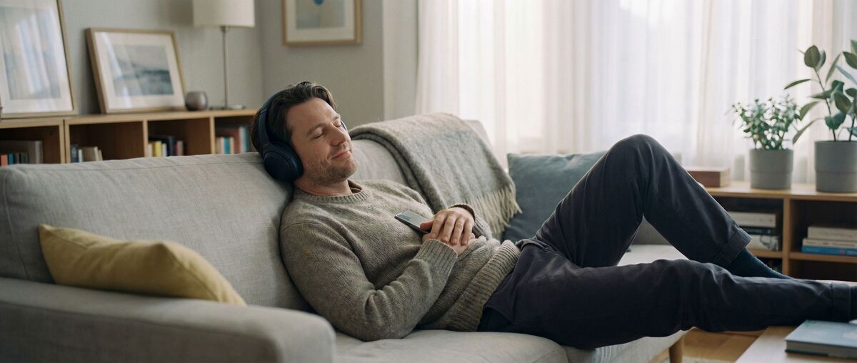 Man ligger i en soffa med hörlurar och lyssnar med slutna ögon och ett stilla leende