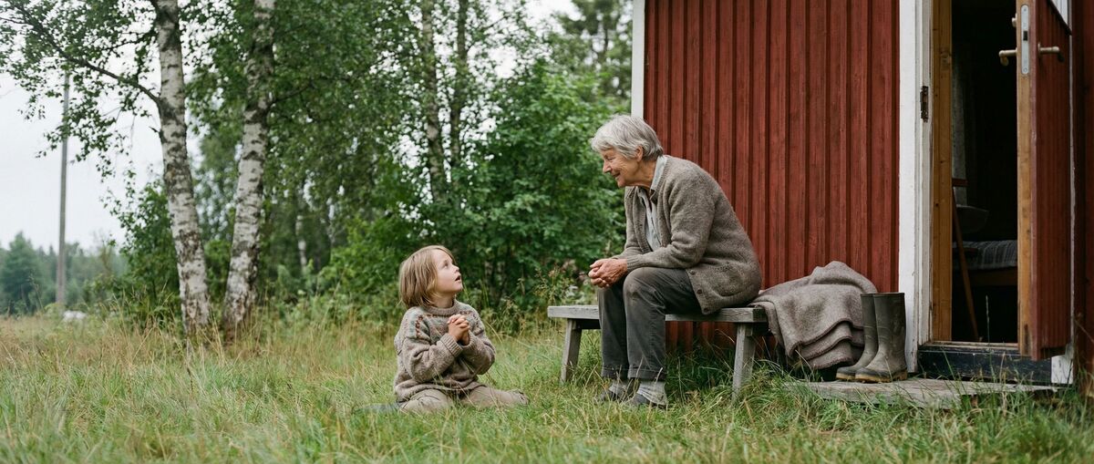 Mormor berättar en historia för sitt barnbarn utanför en röd stuga en svensk sommardag