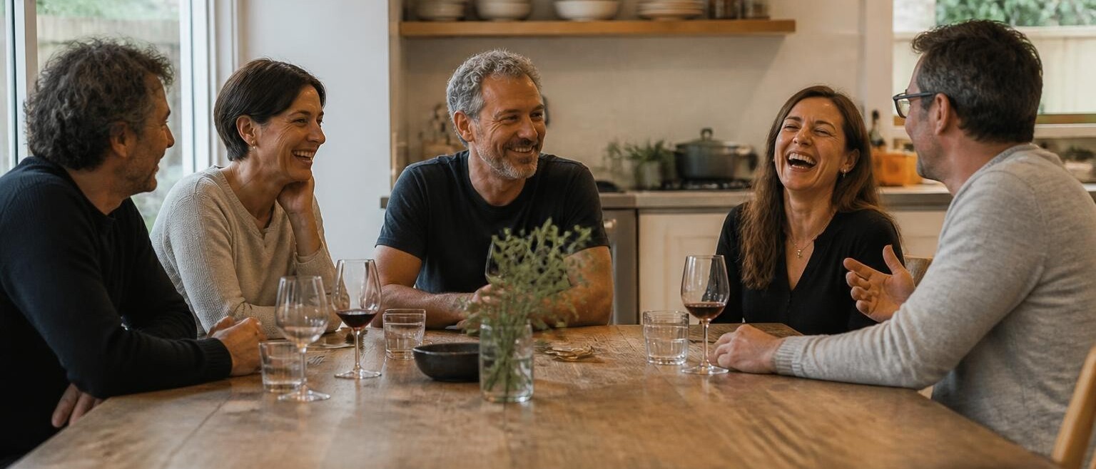 Five friends around a kitchen table after dinner, one laughing at something just said