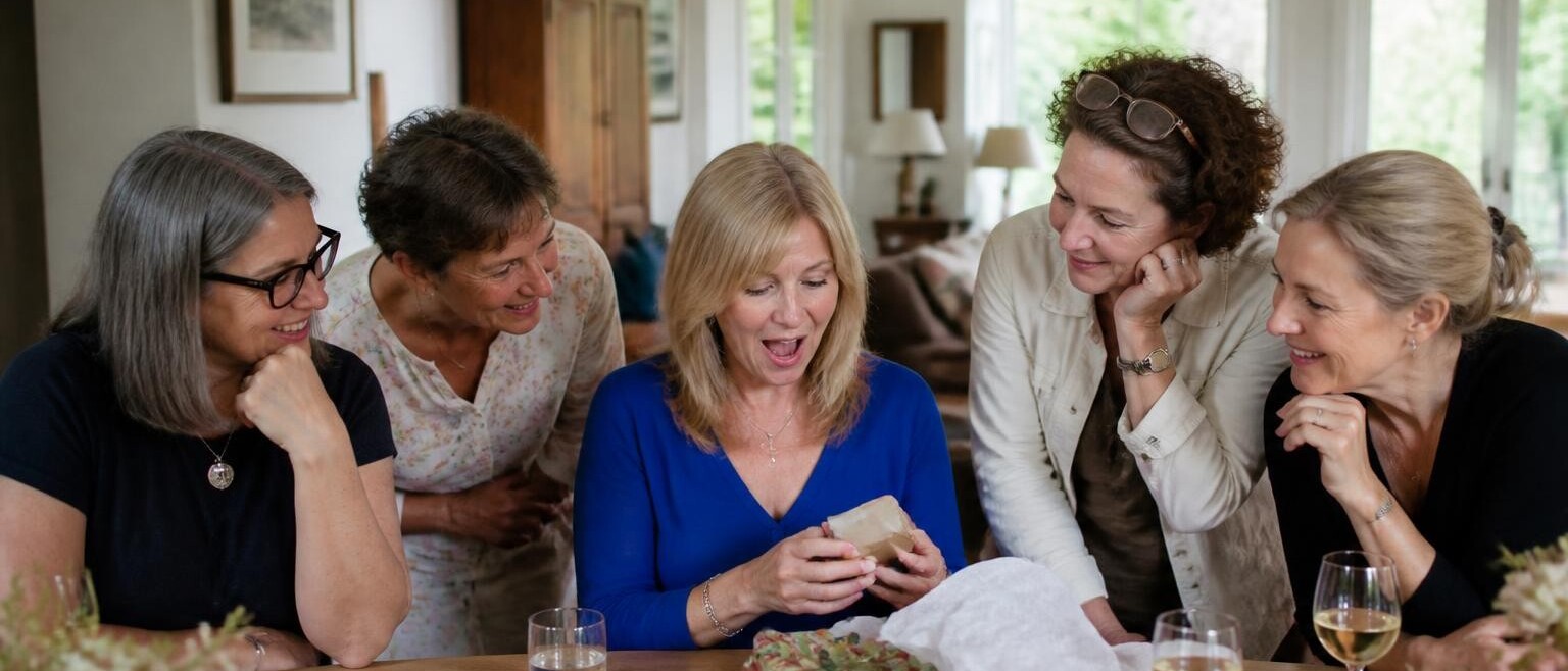 A woman opening a small gift surrounded by four friends who are watching her face