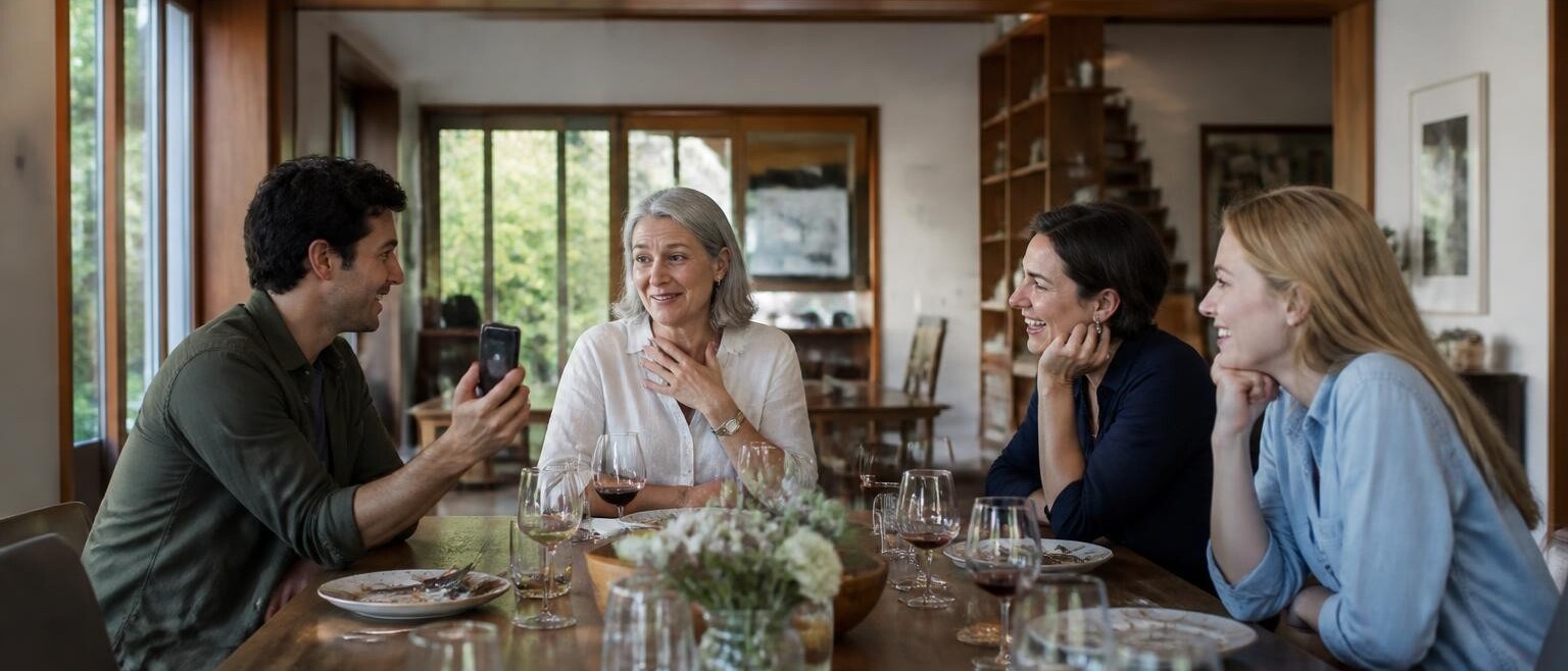 Adult children playing a recording to their mother at the dining table after lunch