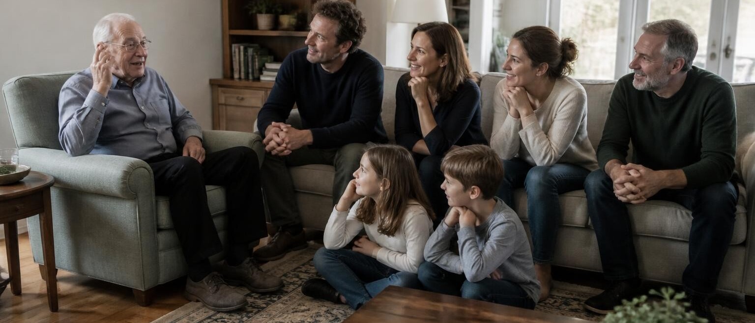 A family of three generations in a living room turned toward a grandfather in an armchair