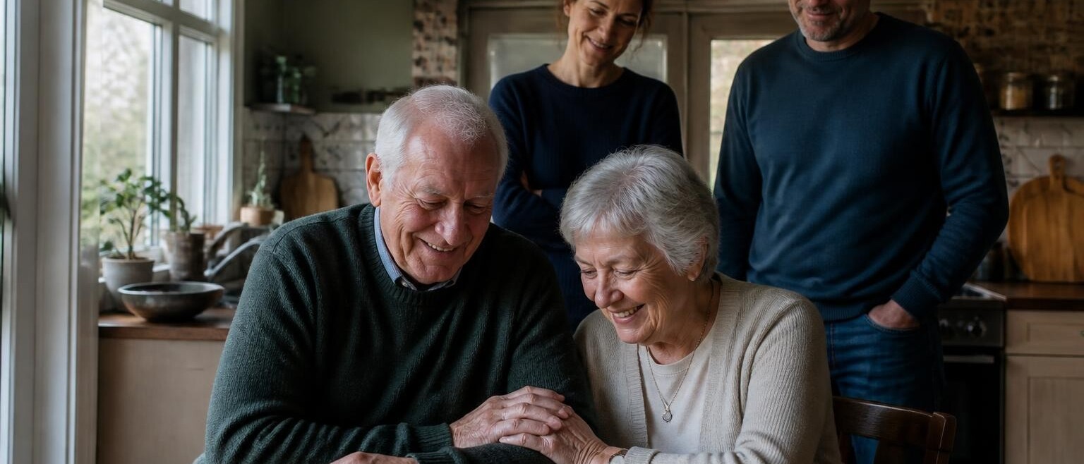 An older couple listening to a recording together at their kitchen table, hands joined, their grown children behind them