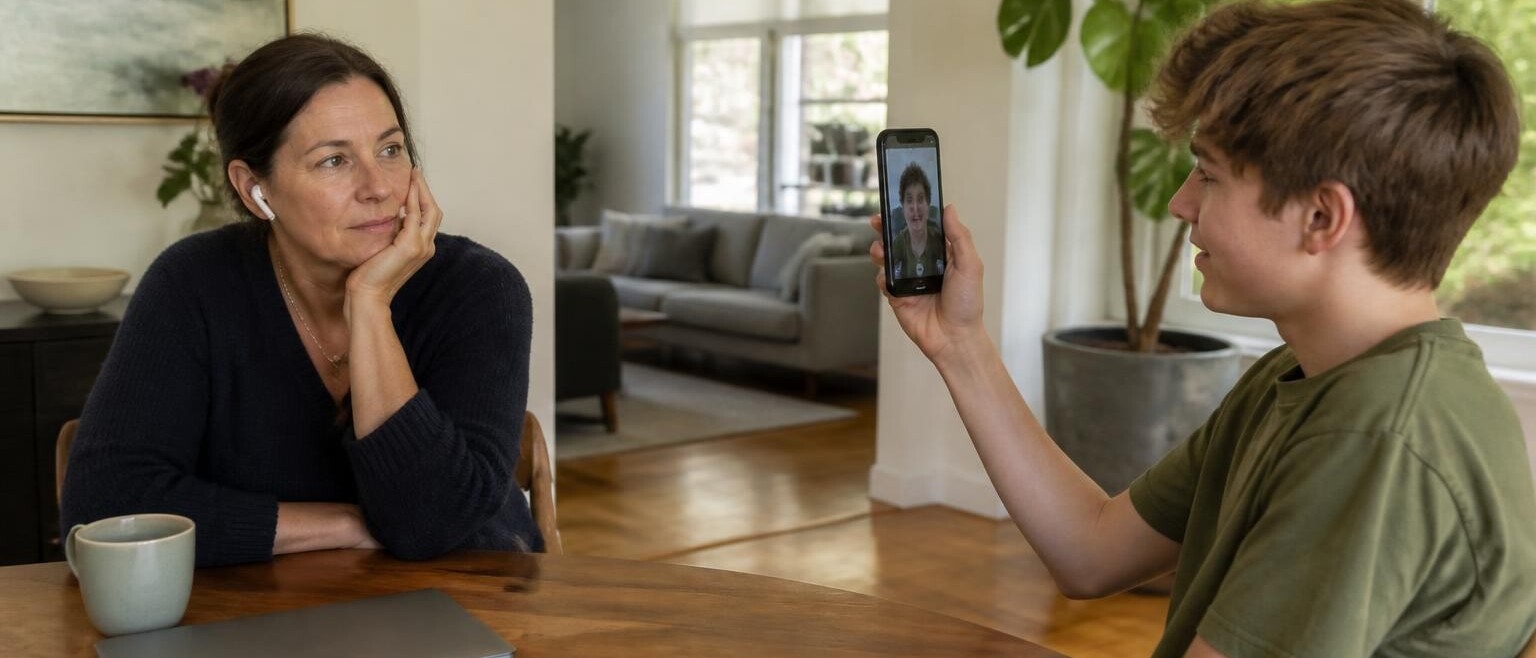 A woman listening to a recording on one earbud while her teenage son films himself on a phone across the table