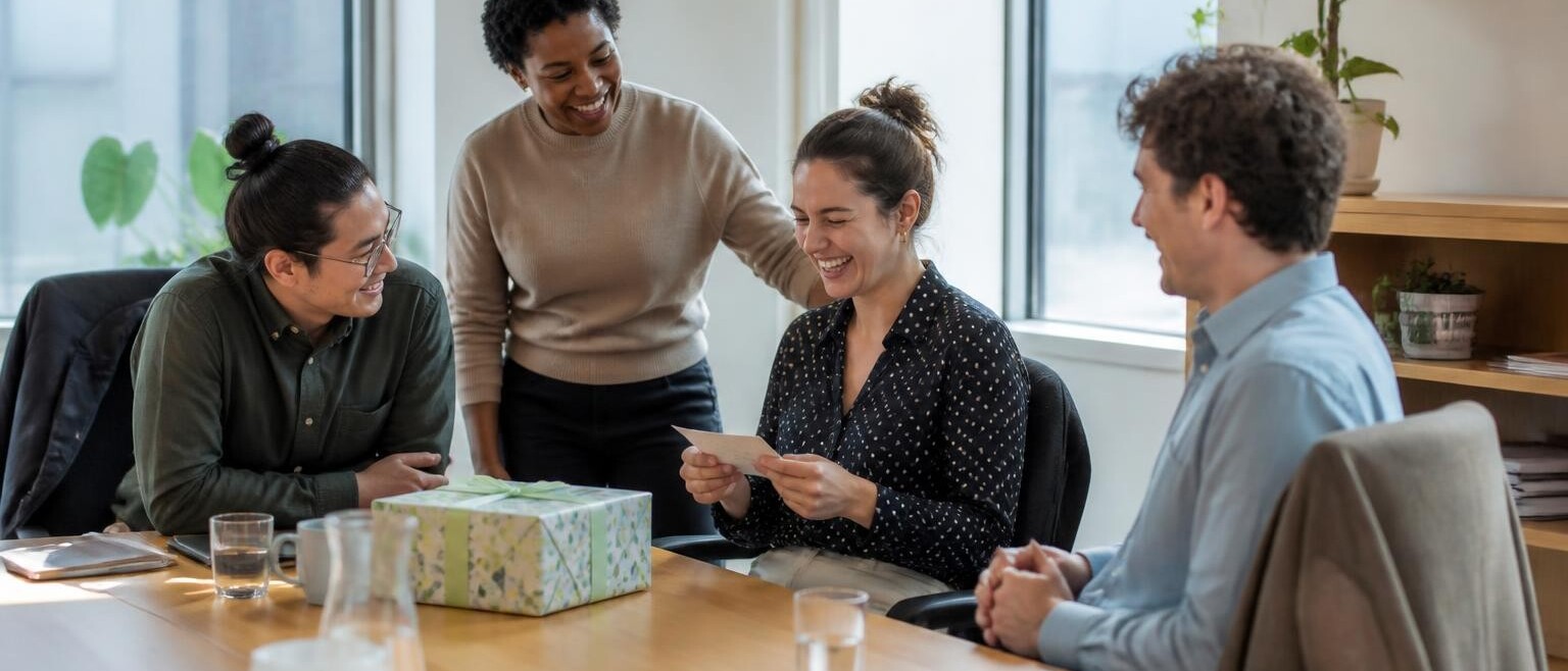 A team in a meeting room saying goodbye to a colleague holding a card, a wrapped gift on the table