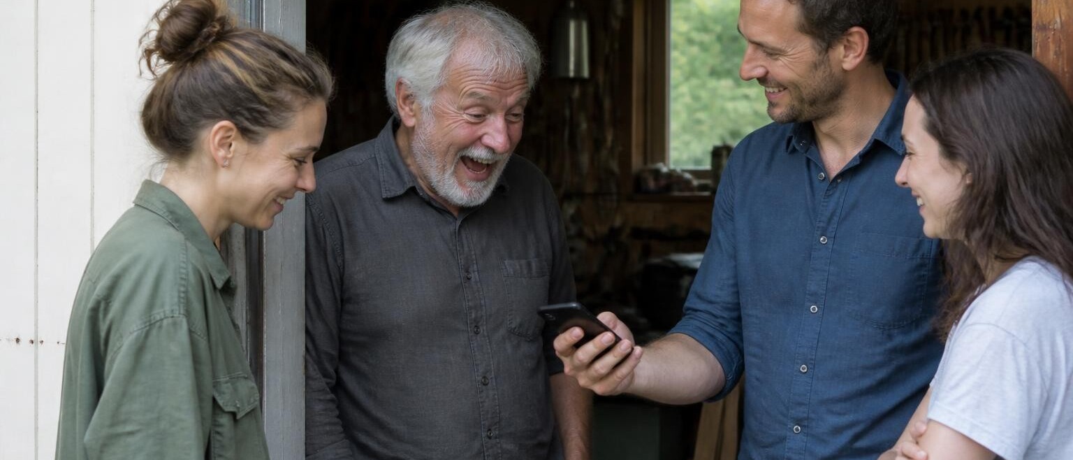 A father laughing in his workshop doorway as his grown children play him a recording