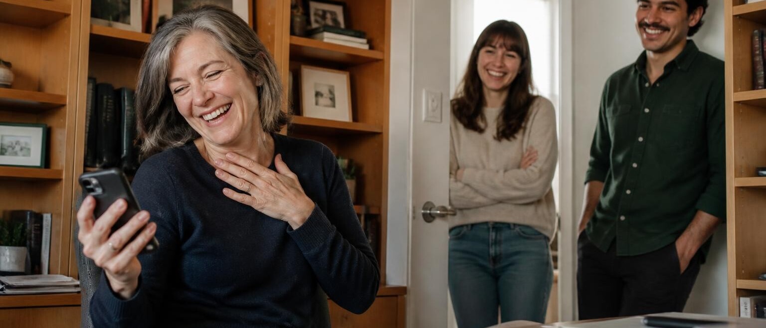 A woman laughing at a recording on her phone while two colleagues watch fondly from the doorway