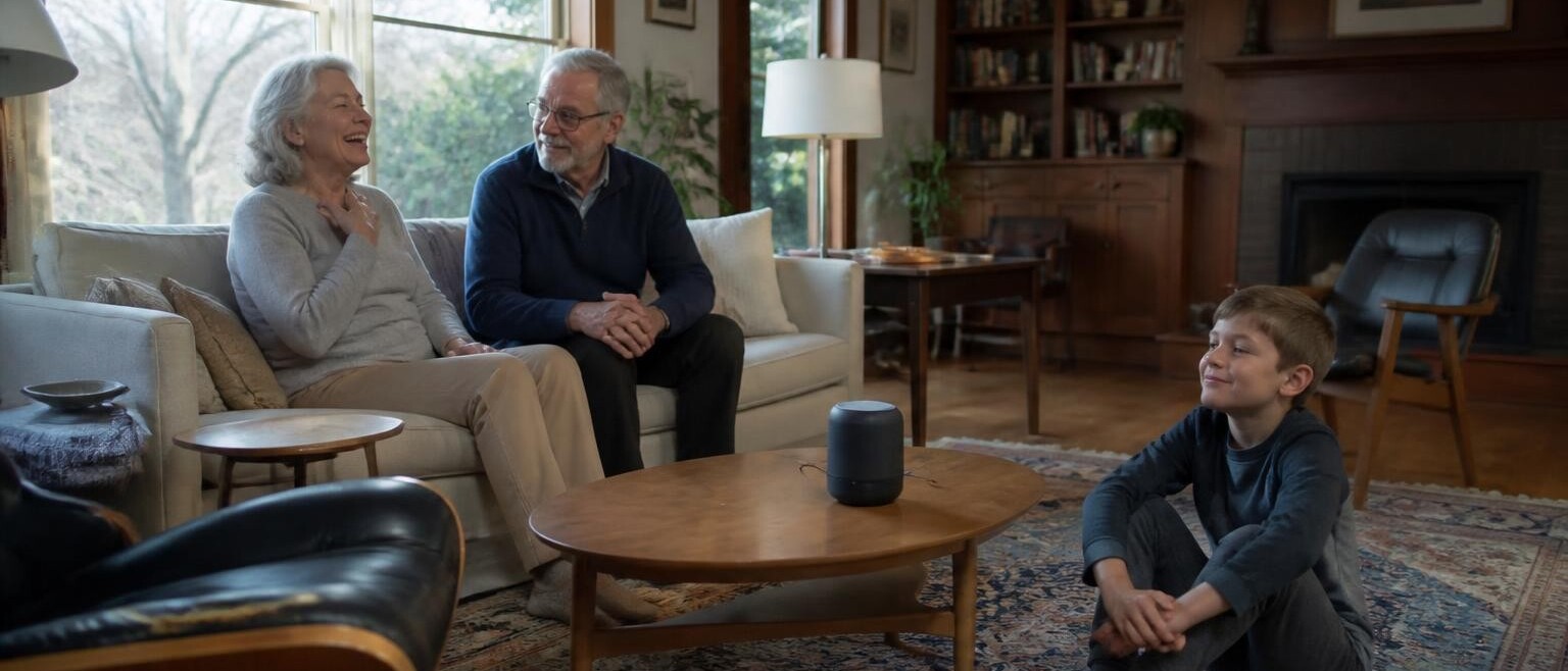 Grandparents on a sofa listening to a speaker on the coffee table while their grandson watches