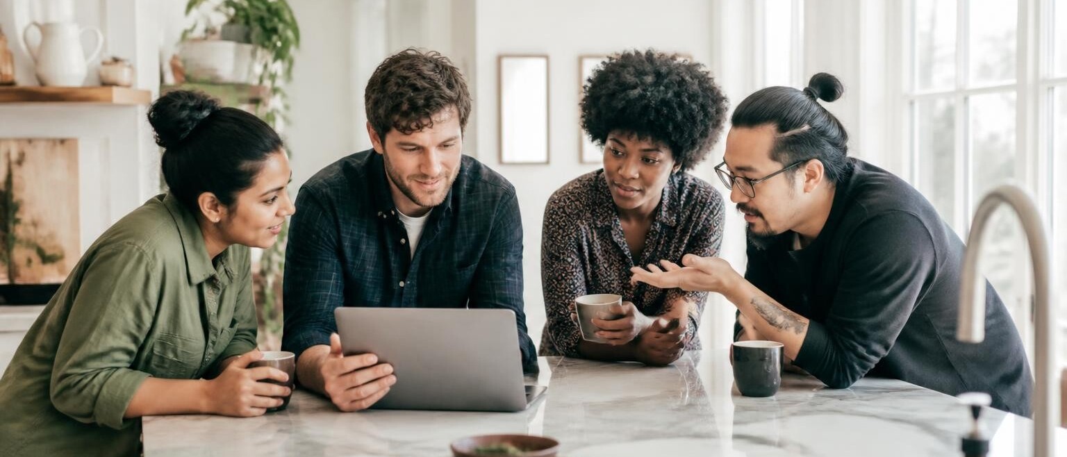 Four friends gathered around a laptop at a kitchen island choosing a gift together