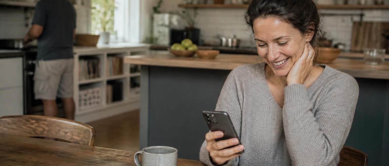 A woman smiling at a message from a group chat at her kitchen table on a bright morning