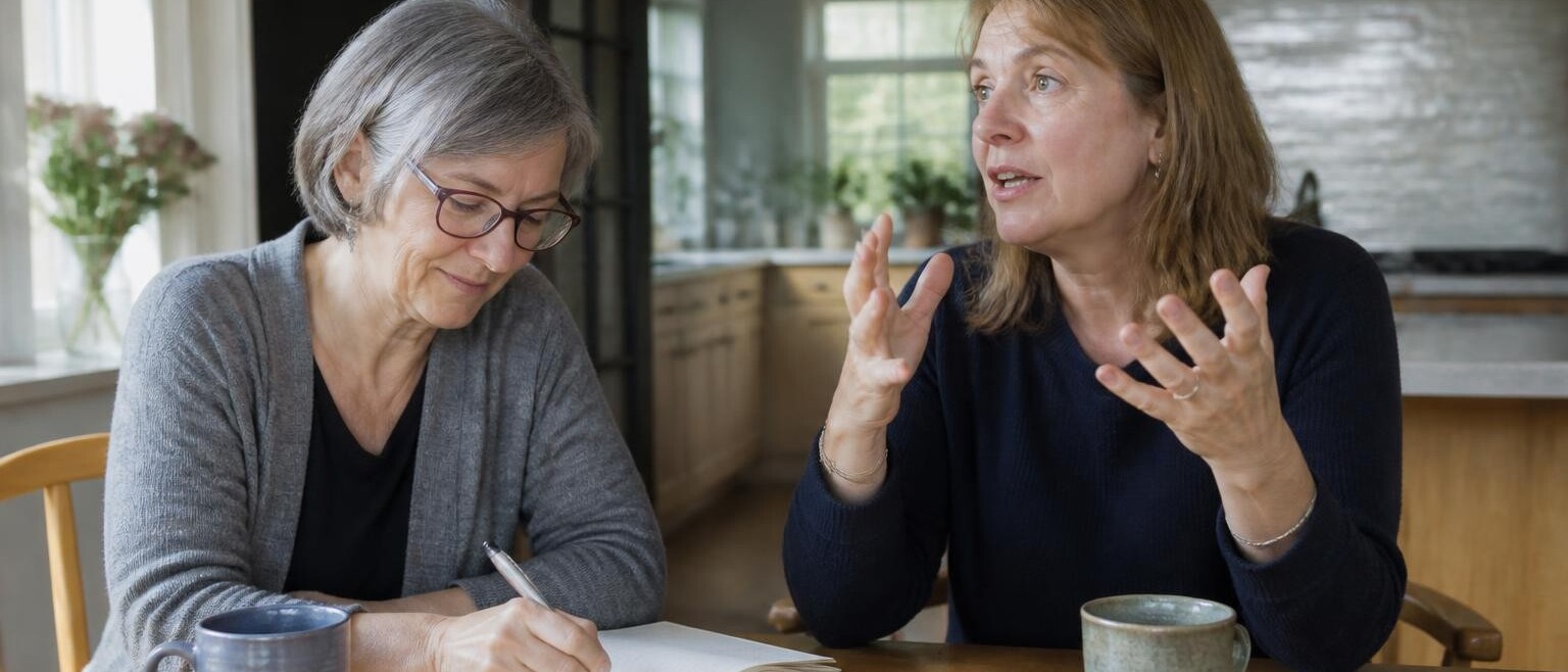 Two sisters at a kitchen table, one writing in a notebook while the other recalls a story