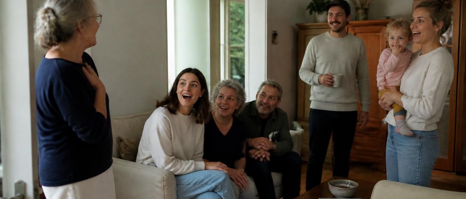 A woman stopping in her living room doorway as her family turn toward her