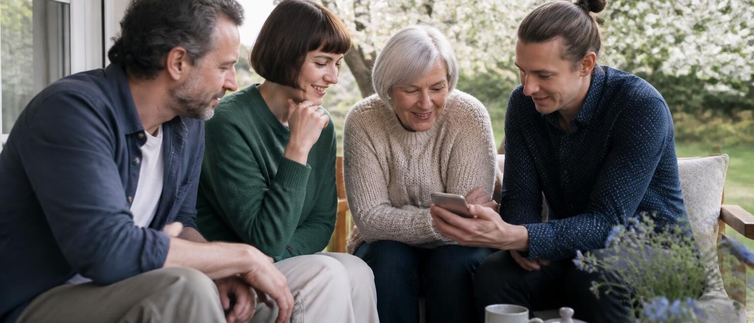 A mother on a garden bench with three grown children listening to something on a phone