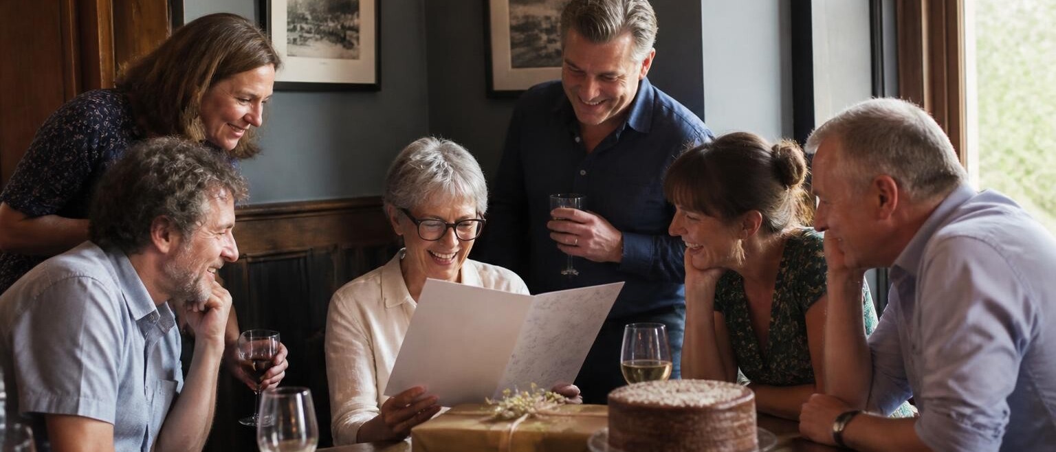 Colleagues around a pub table as a woman opens a large signed card on her last day
