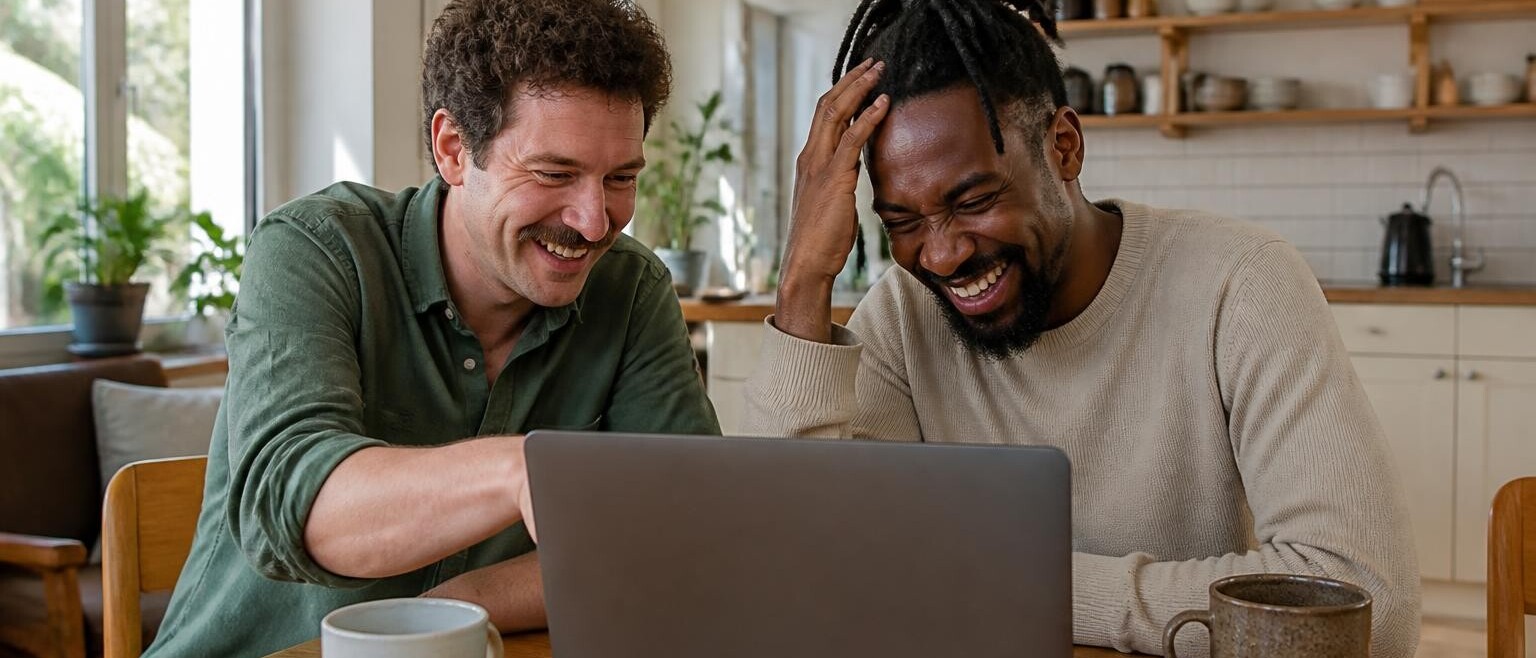 Two friends laughing at a laptop while comparing group gift options at a kitchen table