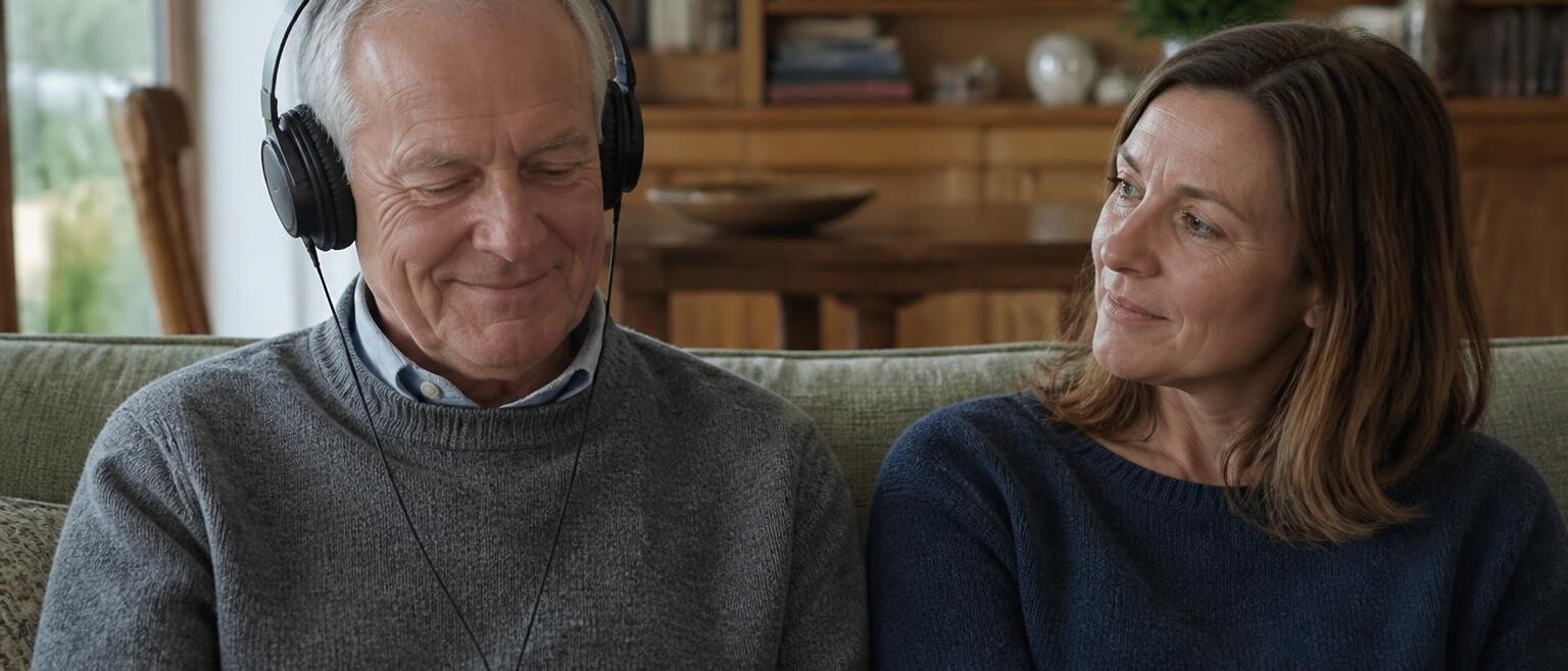 An older man listening to a narrated story on headphones while his adult daughter watches his face