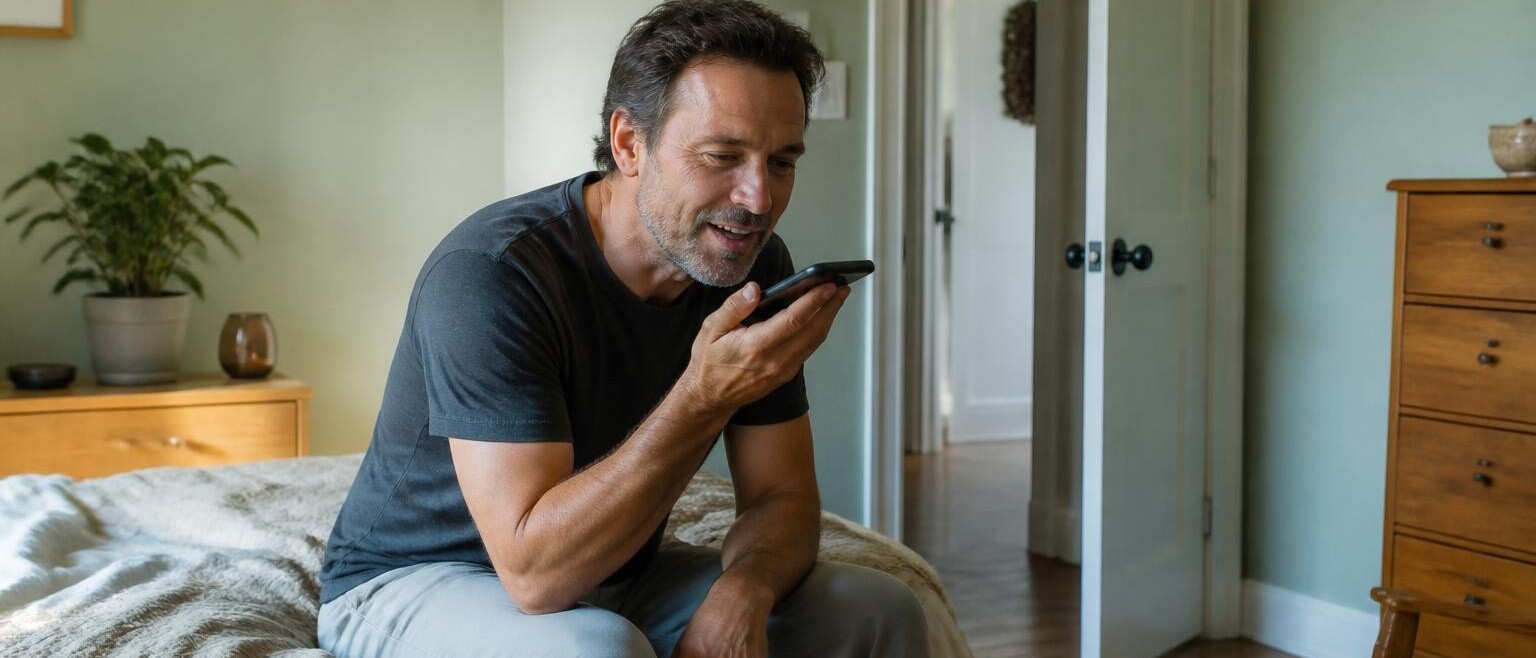 A man sitting on the edge of a bed recording a spoken message on his phone