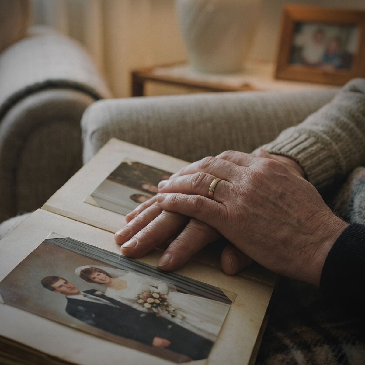 Äldre händer bläddrar i bröllopsalbum — present till årsdag